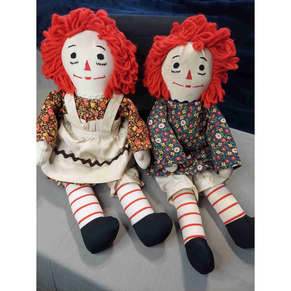 Vintage Raggedy Ann Style Red Striped Embroidered Dolls Good Condition